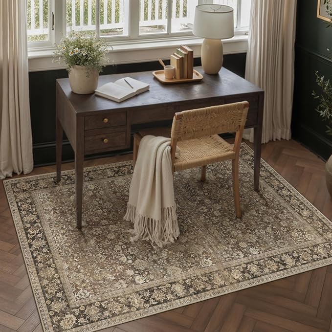 5x7 Brown Vintage Floral Washable Area Rug - Image 3