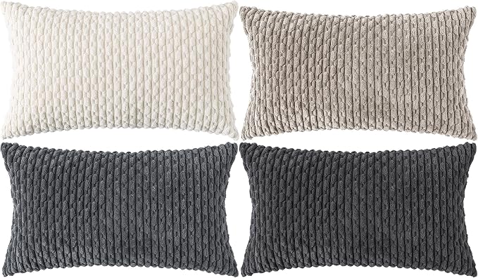 Set of 4 Grey White Taupe Decorative Throw Pillow Covers 12x20 Inch Corduroy by Cozoomy