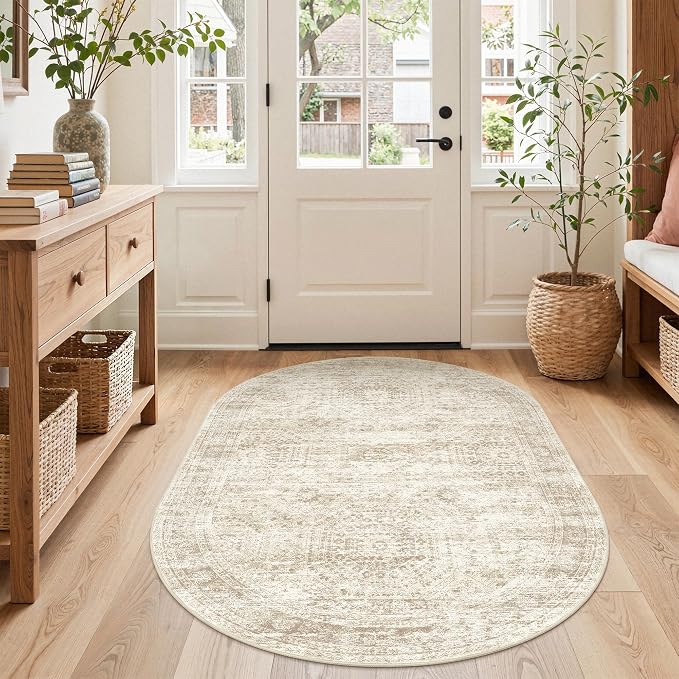 3x5 Oval Rug for Bedroom, Washable Area Rug, Living Room, Neutral Rug, Stain - Image 3