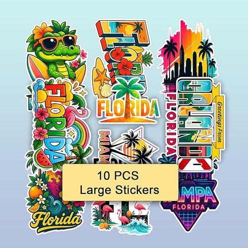 100 PCS Florida Travel Stickers Pack, Vinyl Waterproof Decals of Beaches Palm Trees Oranges State Icons and City Skylines, Gift for Kids Teens Adults Laptop Water Bottle Scrapbook Luggage Car