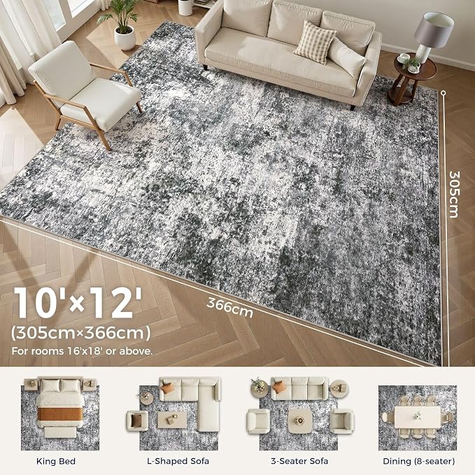 DMOYEST Area Rug Living Room Rugs 10x12 Washable Abstract Grey Carpet | Neutral - Image 2