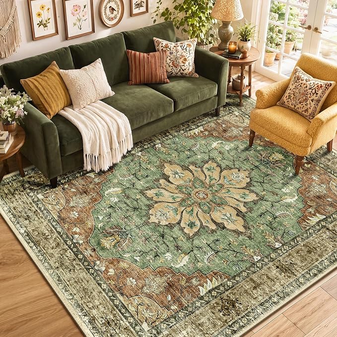 RELEANY Washable Area Rug, Brick/Brown/Green | Non-Slip, Water Repellent by RELEANY