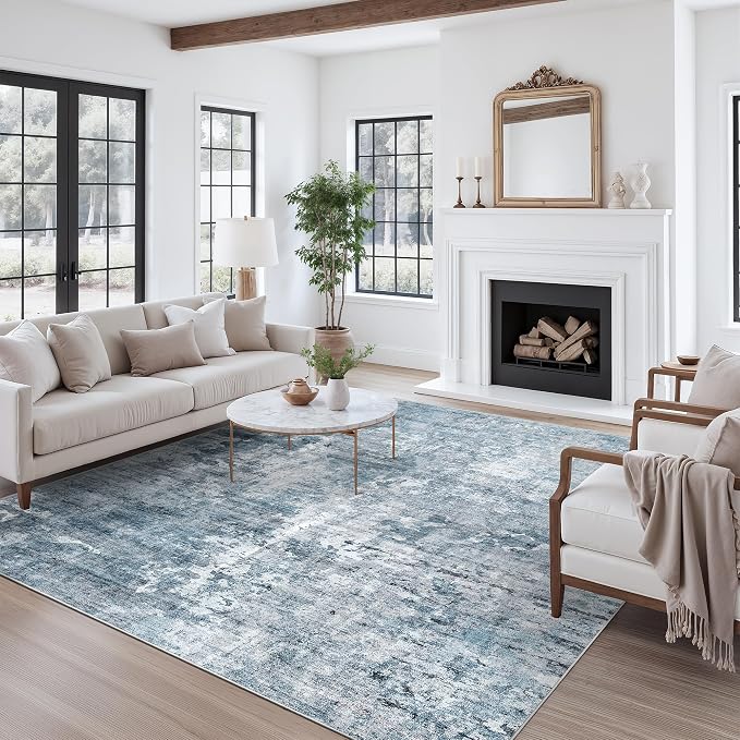 Soalmost Abstract Rug 8x10 Large Living Room Area Rugs Washable Blue/Grey | - Image 9