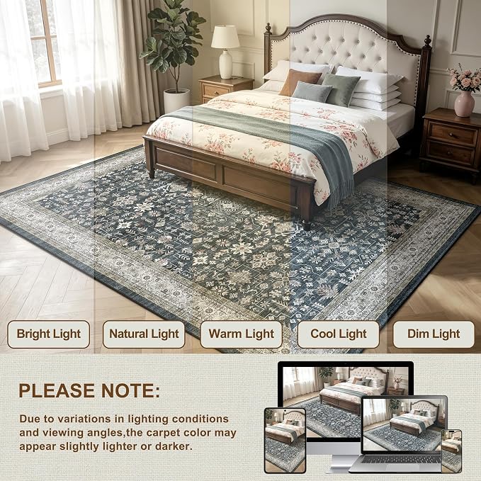 Grey Area Rug 9x12 for Living Room Bedroom | Low Pile;Machine Washable; Soft; - Image 3