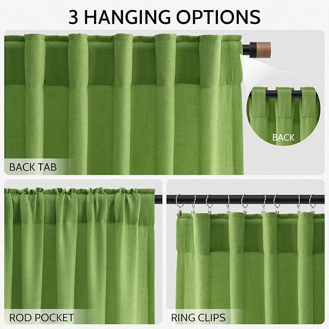 Lime Green Linen Blend Light Filtering Back Tab Curtains 96 Inches Long - Image 3