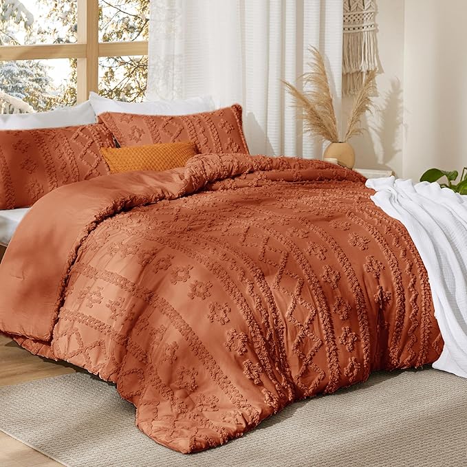 Bedsure Tufted Boho Comforter Set Queen Size - Terracotta Boho Bed Set, GentleSoft™ 3 Pieces Farmhouse Shabby Chic Embroidery Bedding, Gifts for Woman, Soft Jacquard Queen Comforter for All Seasons