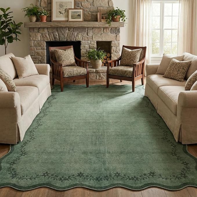 GarveeHome Scalloped Area Rugs 8x10 Large Green Washable Living Room Rug | Soft by GarveeHome