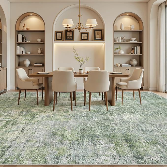 Soalmost 10x14 Area Rugs for Living Room Washable Rug Abstract Green/Ivory | - Image 4