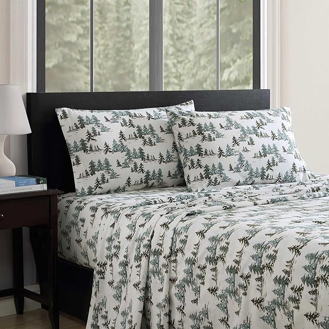 Eddie Bauer - Flannel Sheets Twin Size, Anti-Pilling & Wrinkle Resistant Cotton, Touchably Soft for All-Season Comfort - Bed Sheets with Matching Pillowcase & Fitted Sheet (Snowy Pine Trees Green)