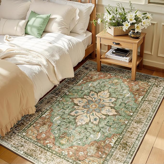RELEANY Washable Area Rug, Brick/Brown/Green | Non-Slip, Water Repellent by RELEANY