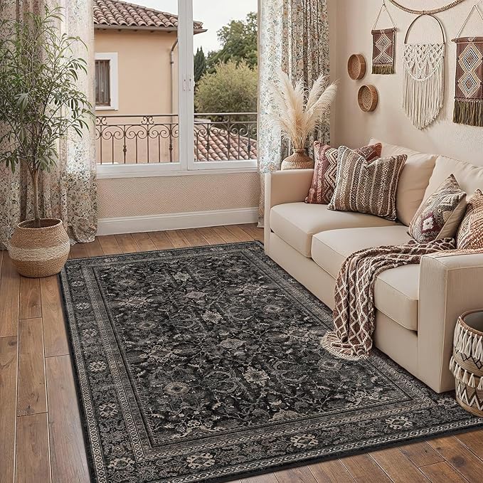 Schweek 4x6 Vintage Floral Washable Area Rug Non-Slip Entryway Rugs Black | - Image 3