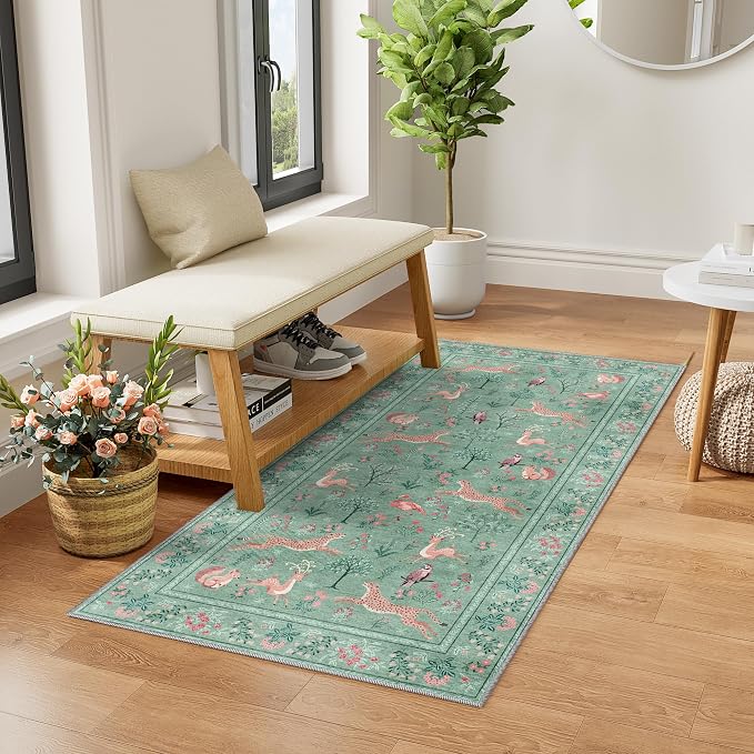 DUKINO 2x4 Rug for Entryway, Animal Washable Runner Rug for Kitchen, Teal | Non - Image 3