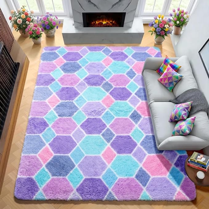 Checkered 6x9 Area Rugs for Living Room, Fluffy Purple Rainbow Girls Rug | Soft - Image 4
