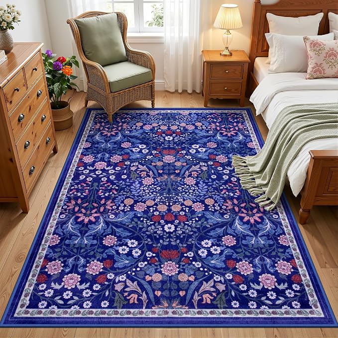 PLHXFR Area Rug Living Room: 3x5 Floral Washable Boho Soft Carpet Blue | - Image 2