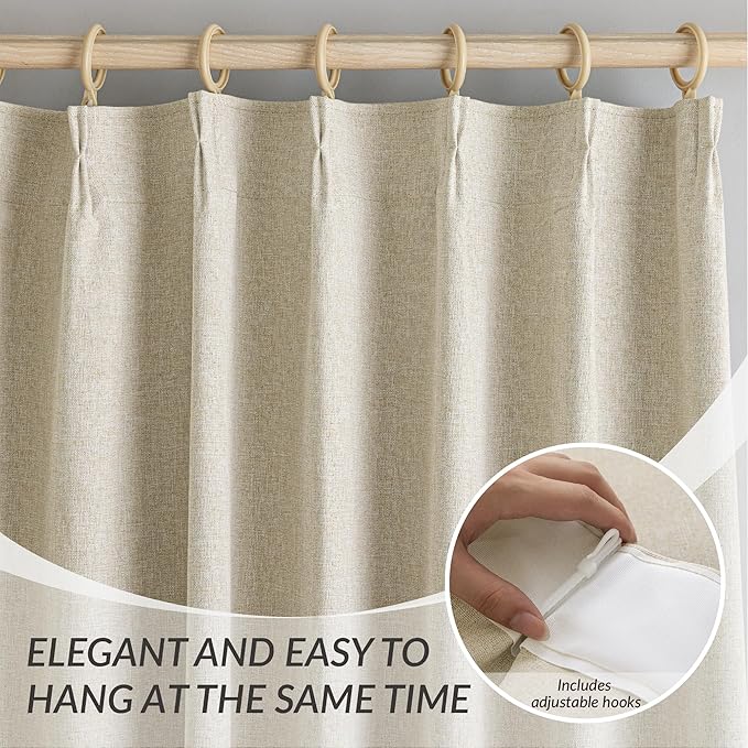 Pinch Pleated Linen Blackout Curtains 108 Inches Long 2 PCs, Pinch Pleat Linen Curtains for Living room with Hooks, Extra Long Thermal Insulated Window Panels for Villa, Natural Beige,42W x 108L