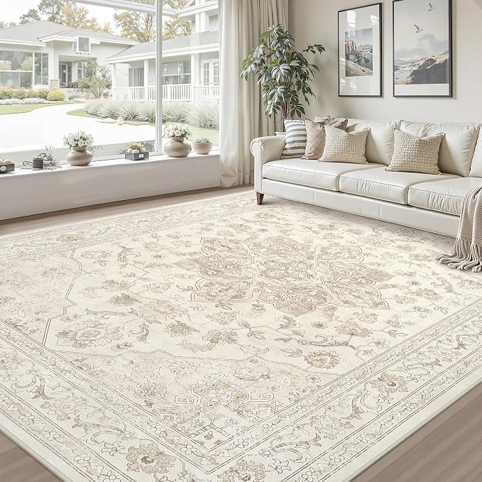 10x12 Area Rugs Living Room: Bedroom Washable Carpet Beige White | Vintage Boho - Image 9