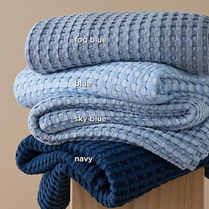 Bedsure Cooling Cotton Waffle Oversized King Blanket - Lightweight Breathable Rayon Derived from Bamboo for Hot Sleepers, Luxury Throws for Bed and Sofa, Blue, 120x96 Inches