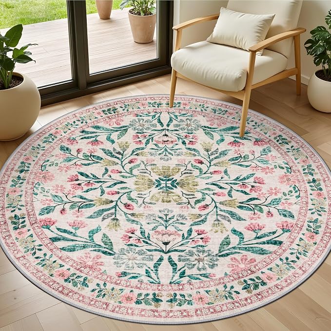 PLHXFR Round Area Rug Living Room: 4 ft Floral Washable Carpet Pink Green | by PLHXFRSoftAreaRugs