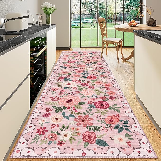 DUKINO 3x10 Runner Rug, Floral Washable Kitchen Runner Rug Non Slip, Low Pile by DUKINO