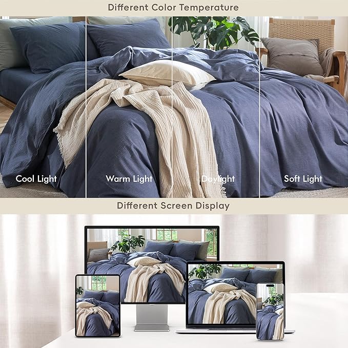 MooMee Bedding Duvet Cover Set 100% Washed Cotton Linen Like Textured Breathable Durable Soft Comfy (Heathered Blue, Oversized Queen 98"x98")