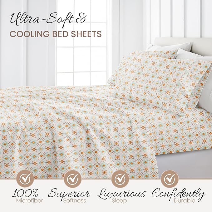 Linen Market Double-Brushed Patterned Microfiber California King Sheet Set 4 Piece – Oeko-TEX Certified Ultra Soft & Wrinkle-Free - 16" Deep Pocket Sheets Easy Care Cal-King Size - Aztec Dreams Coral