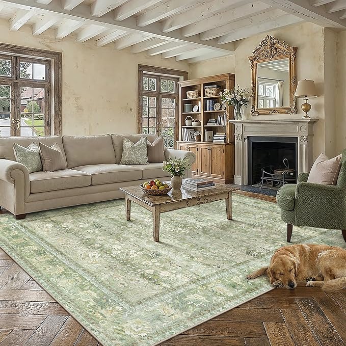 9x12 Light Green Vintage Floral Washable Area Rug - Image 2