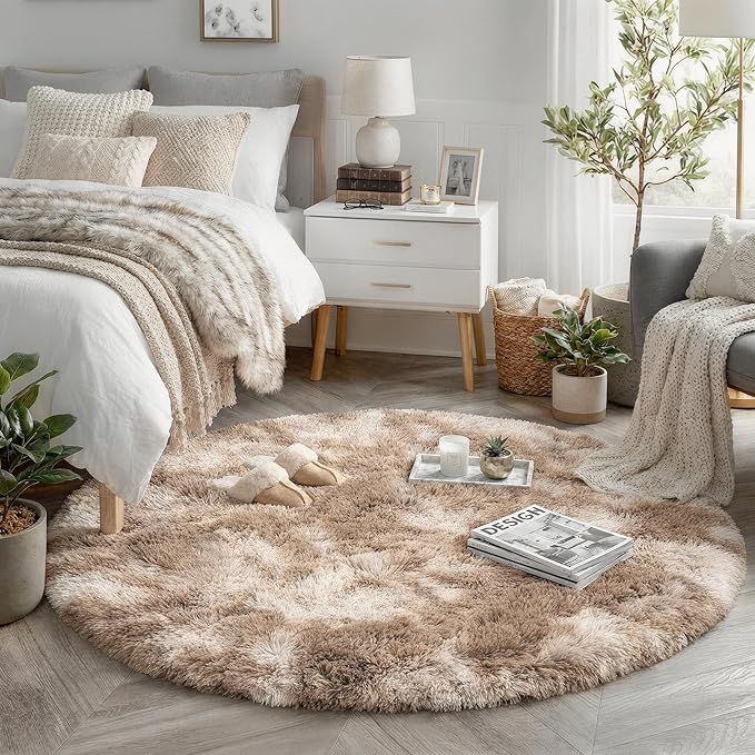 Amdrebio Beige Tan Neutral Round Rug 5Ft by Amdrebio