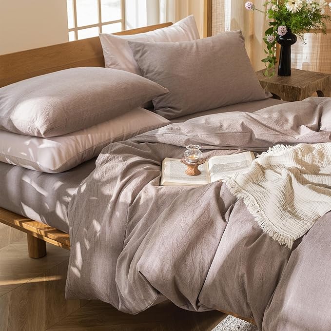 MooMee Bedding Duvet Cover Set 100% Washed Cotton Linen Like Textured Breathable Durable Soft Comfy (Heathered Mauve Brown, Super Queen 90"x98")