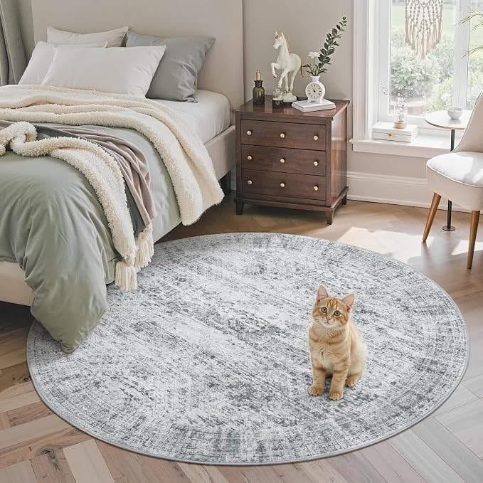 Soalmost 5x5 Grey Round Rug 6ft Circle Living Room Area Rugs Non-Slip | by Soalmost