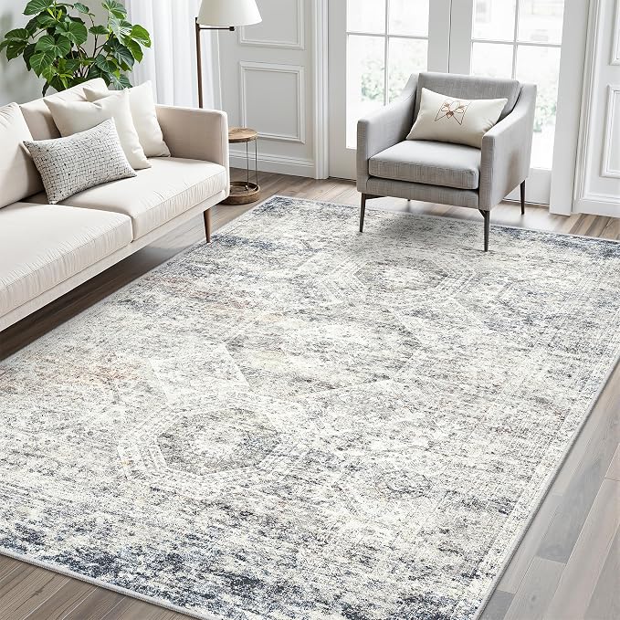 Soalmost 5x7 Area Rugs Blue/Ivory Low Pile Washable Trendy Faded Style Rug | - Image 2