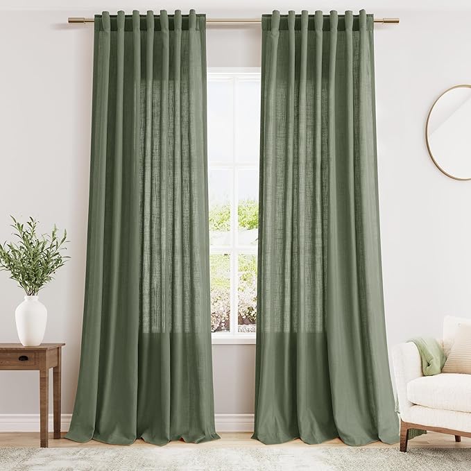 Olive Green Linen Curtains 120 Inch Extra Long by Nanspring