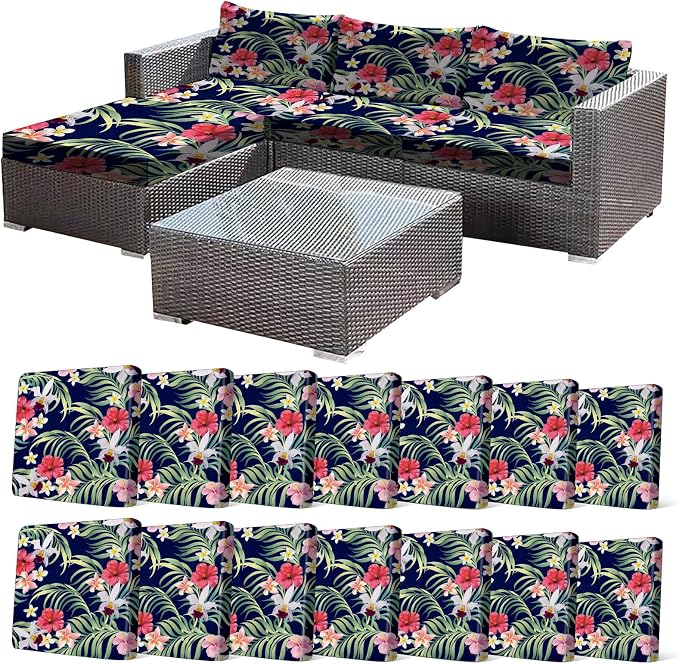 CALBODE 14 Pcs Stretch Outdoor Seat Cushion Covers, Tropical Floral, Suitable by CALBODE