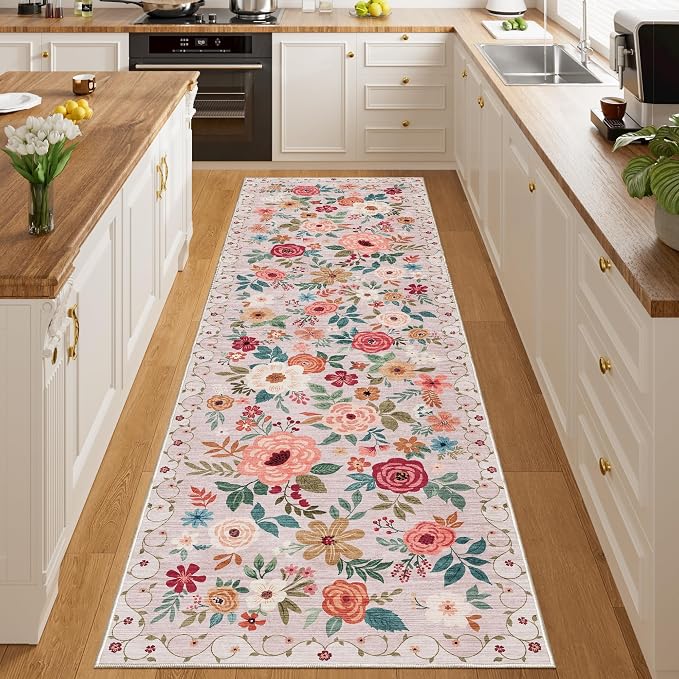 DUKINO 3x10 Runner Rug, Floral Washable Kitchen Runner Rug Non Slip, Low Pile - Image 4