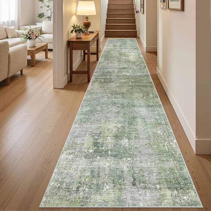 Soalmost Abstract Runner Rug 2x12 Hallway Kitchen Runners Green/Ivory | Vintage by Soalmost