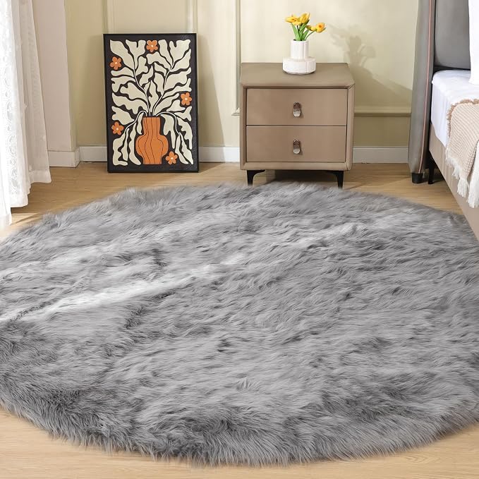 ORINOVA Silver Grey Washable Shaggy Round Rugs 6.6ft Large Faux Sheepskin Fur by ORINOVA