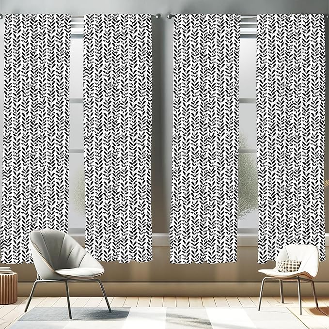 Ambesonne Black and White Window Curtains Pack of 2, Modern Grunge Botany Motif Monochrome Brush Paint Style Strokes, Lightweight Set with Rod Pocket, 4 Panels of - 28" x 95", White and Black