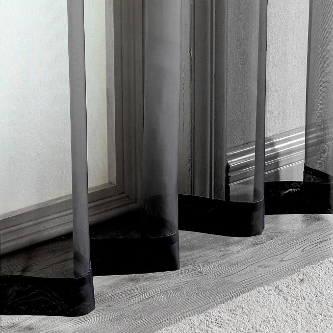 Black Sheer Kitchen Valance for Windows Set of 2, Small Modern Rod Pocket Voile - Image 3