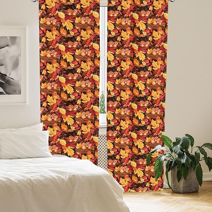 Ambesonne Fall Curtains, Happy Autumnal Colors with Birds in Nests Cartoon Illustration Print, Window Treatments 2 Panel Set for Living Room Bedroom, Pair of - 28" x 63", Cinnamon Amber and Orange