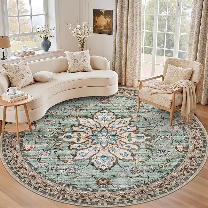 Round Area Rug for Living Room: 4ft Boho Washable Rug Brown Green | Vintage by EXPEDIX