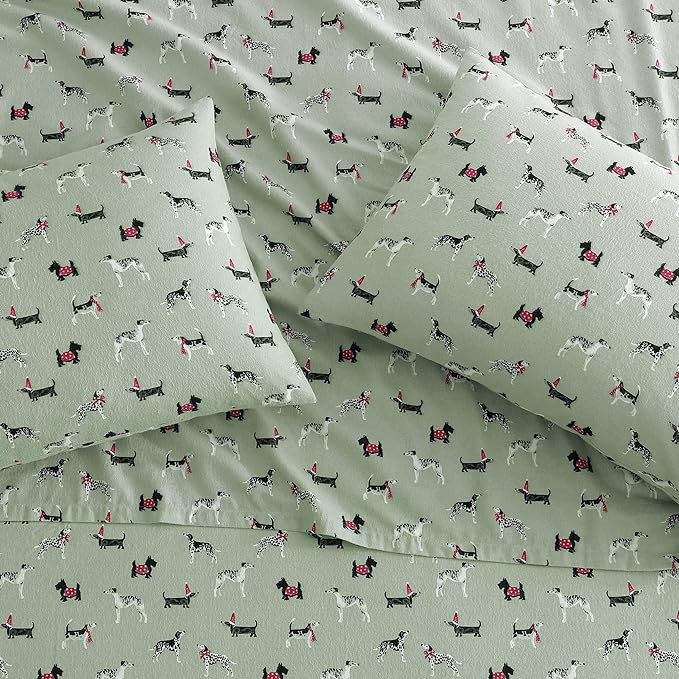 Laura Ashley - Flannel Sheets Twin Size, Anti-Pilling & Wrinkle Resistant Cotton, Touchably Soft for All-Season Comfort - Bed Sheets with Matching Pillowcase & Fitted Sheet (Holiday Pups Green)
