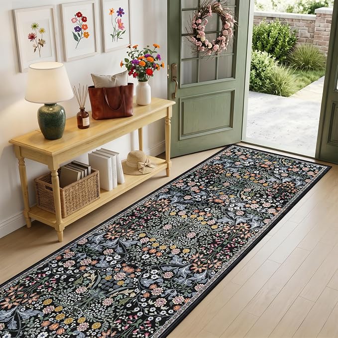 PLHXFR 2.6x14 Washable Runner Rug：Floral Indoor Kitchen Carpet Dark Black | - Image 2