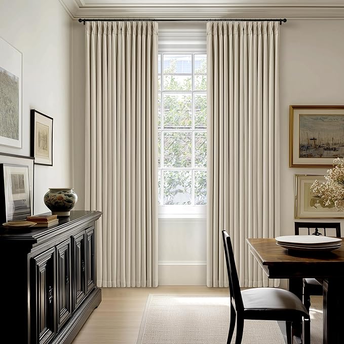Oatmeal Linen Pinch Pleated Blackout Curtains 96 Inches Long 2 Panels Set | - Image 9