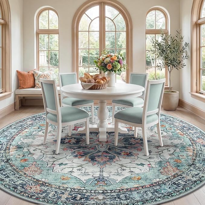 RELEANY Washable Area Rug, Round 8ft, Teal Green/White/Navy | Non-Slip - Image 2
