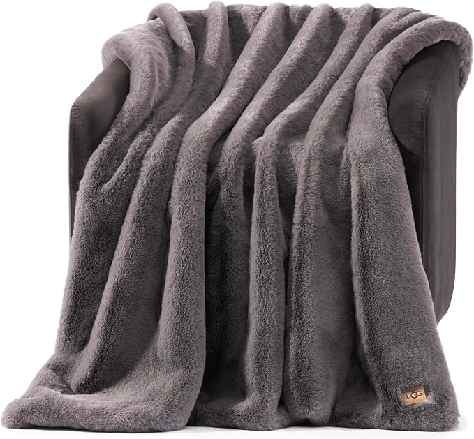 UGG Euphoria Throw Blanket, Faux Fur Blanket, Charcoal Grey | Reversible Fluffy by Unknown