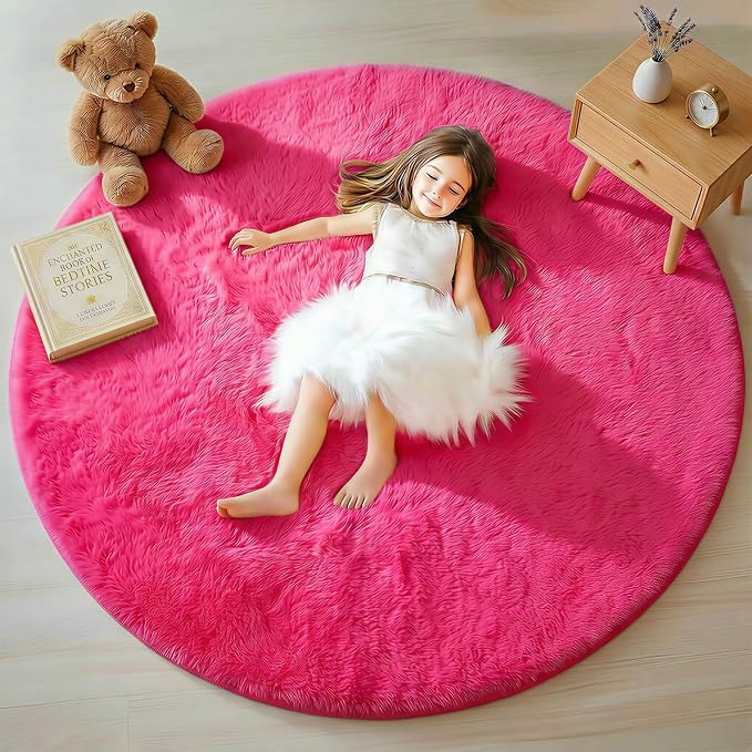 Hot Pink Round Rugs 5ft for Bedroom Living Room, Fluffy Circle Area Rug for - Image 3