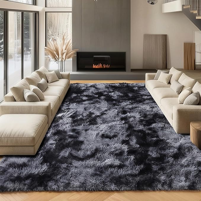 8x10 Area Rugs for Living Room, Tie-Dyed Dark Grey Fluffy Shag Large Bedroom Rug by ONASAR