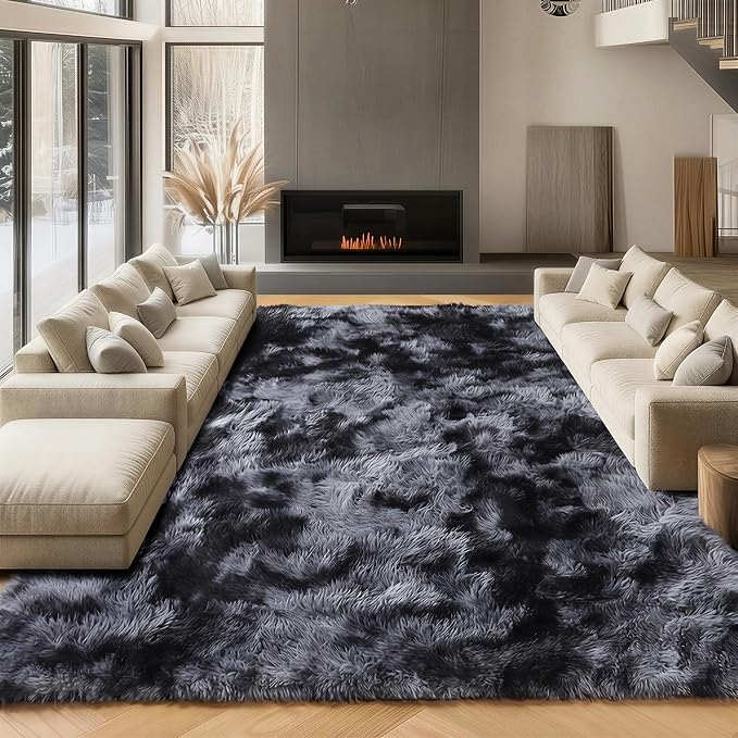 Area Rugs 9x12 Living Room, Tie-Dyed Dark Grey Large Fluffy Bedroom Rug by ONASAR