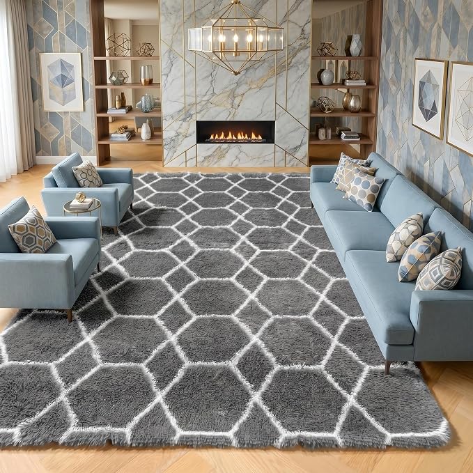 8x10 Area Rugs for Living Room, Fluffy Grey and White Bedroom Geometric Rug | by ONASAR
