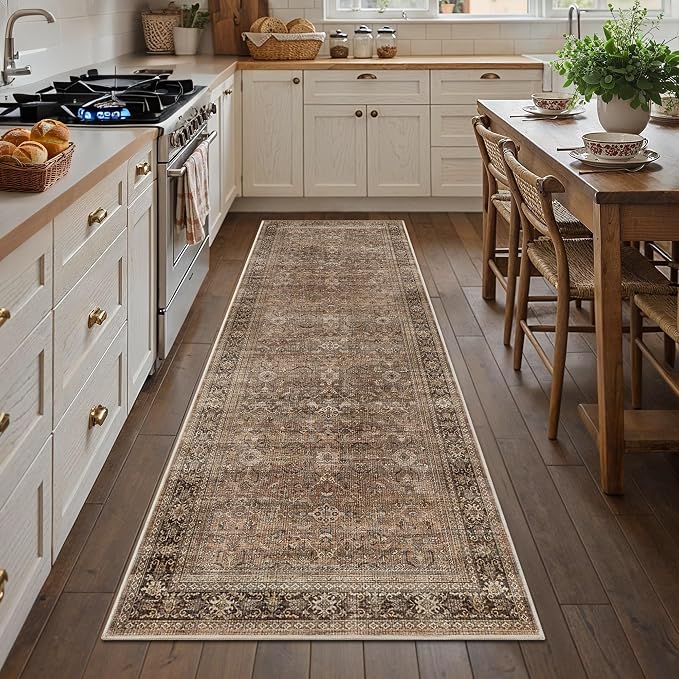 Schweek 2.6x8 Hallway Runner Rug Washable Vintage Neutral Runners Brown | Non by Schweek