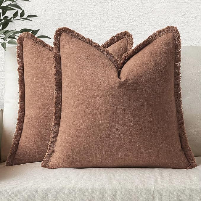 MIULEE Boho Linen Fringe Decorative Fall Throw Pillow Covers Brick 18x18 | Set by MIULEE